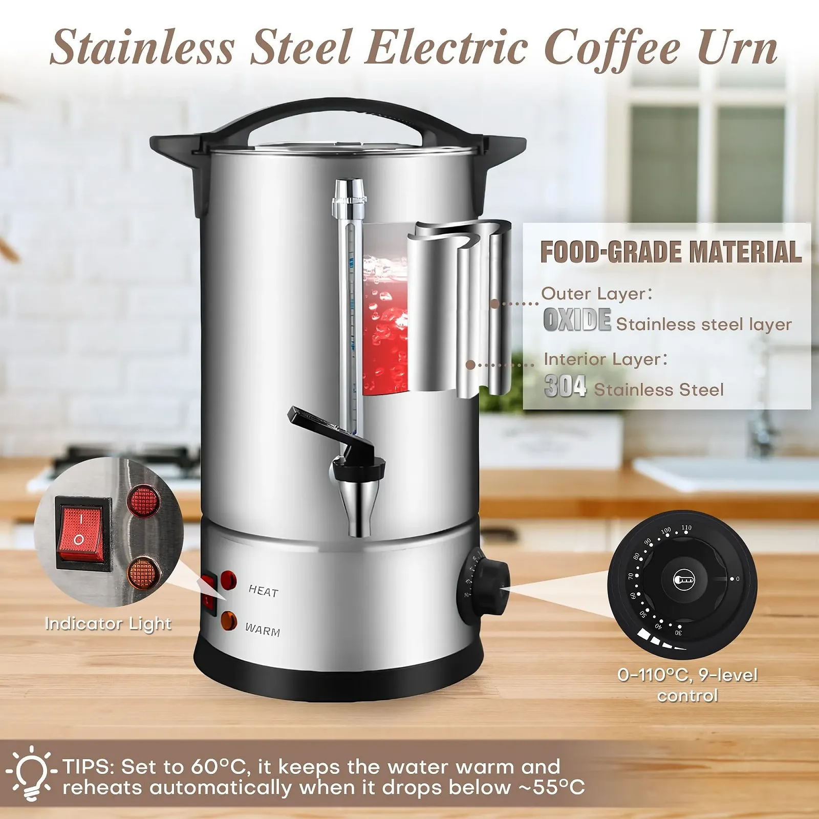 Кофемашина Bostar с круглым фильтром 12 л, 75 чашек, функция заваривания и подогрева, интеллектуальный контроль температуры, индикатор уровня, Нержавеющая сталь, фото №6