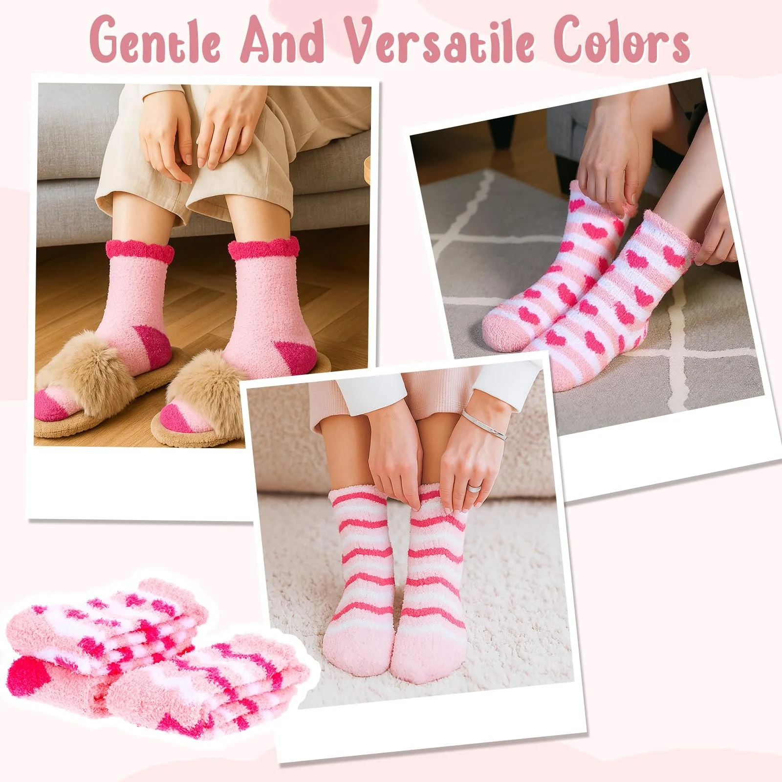 Шкарпетки Жіночі Пухнасті 3 Пари Смугасті Рожеві (Серце), фото №2