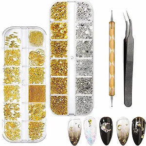 Набор страз для ногтей 1400 шт., Золотые блестящие камни для ногтей, Хрустальные камни для ногтей, Подвески для ногтей в форме звезд и луны, для DIY ногтей, с пинцетом и ручкой для сверления - Фото 1