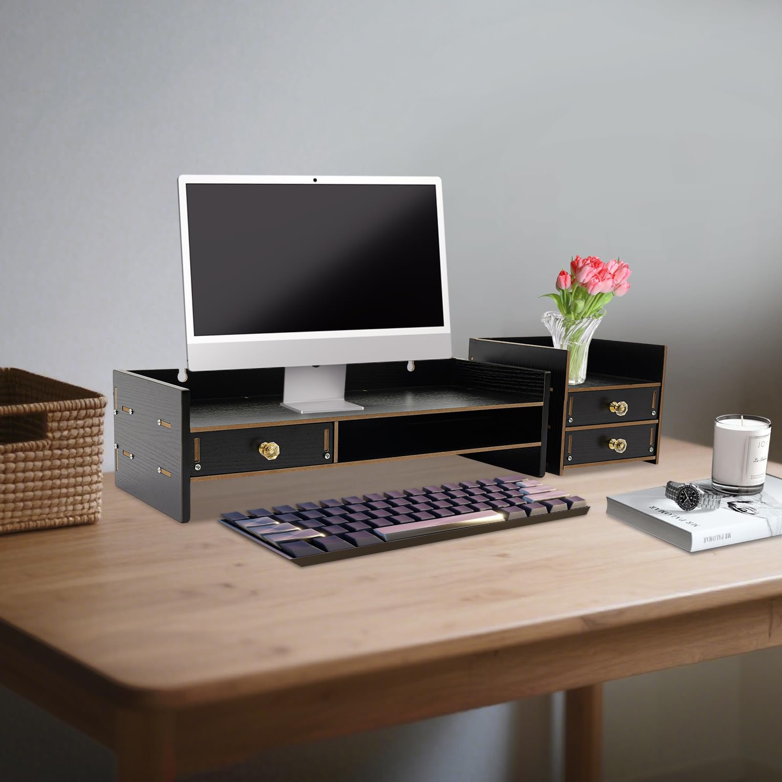 Підставка для монітора для комп'ютерного столу з 3 шухлядами, чорна, МДФ, регульована по висоті, фото №2