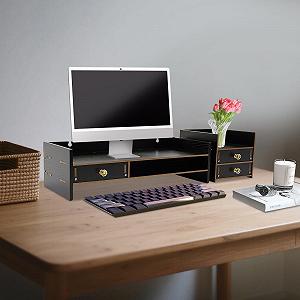 Подставка для монитора для компьютерного стола с 3 ящиками, черная, МДФ, регулируемая по высоте, органайзер для стола, экономия места для монитора до 5 кг, для дома и офиса (черная) synthetic.ua - Фото 1