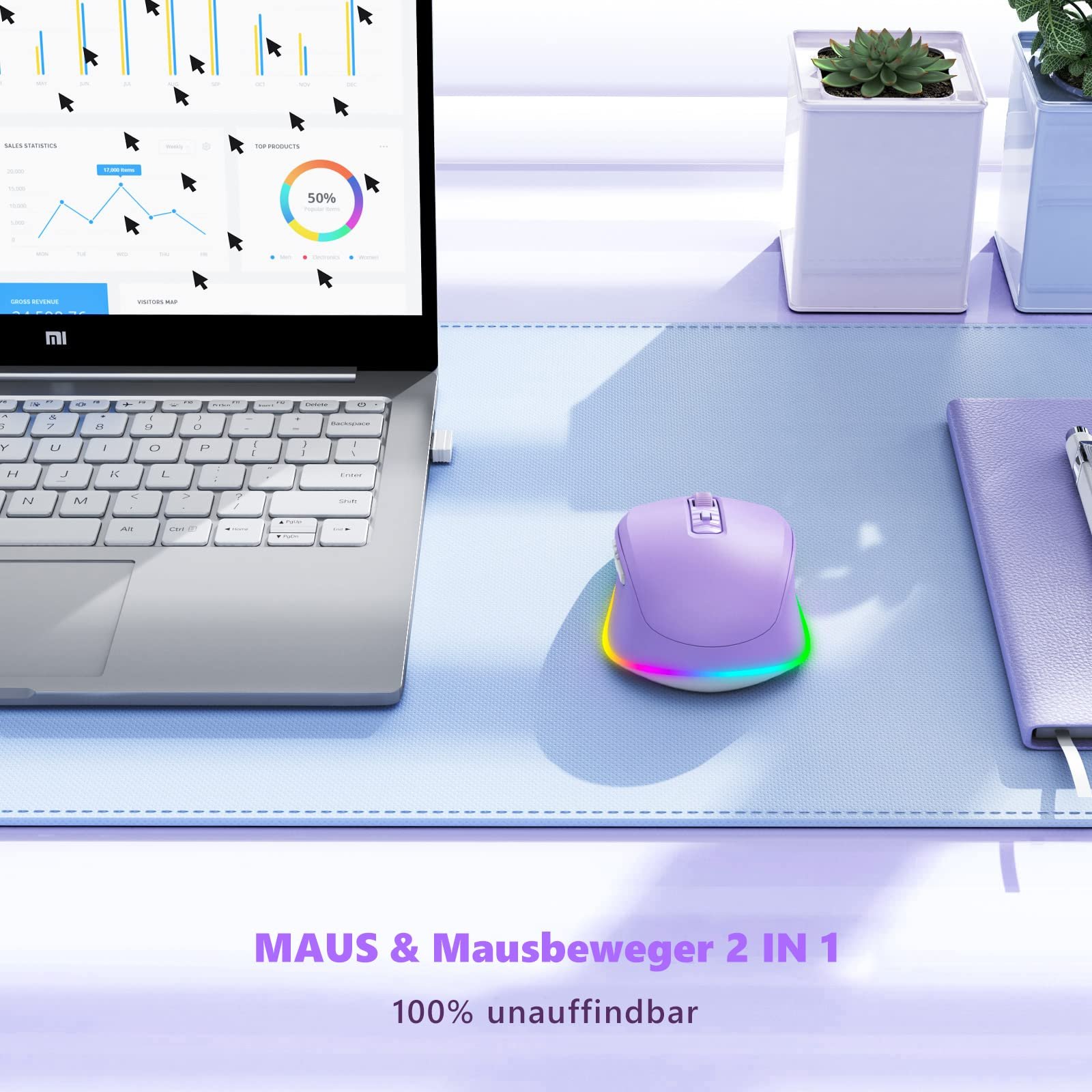 Мышь беспроводная Seenda LED, перезаряжаемая, с функцией Mouse Jiggler, тихая, 2.4G USB, для ноутбука, компьютера, DPI 2000, фиолетовая, фото №3