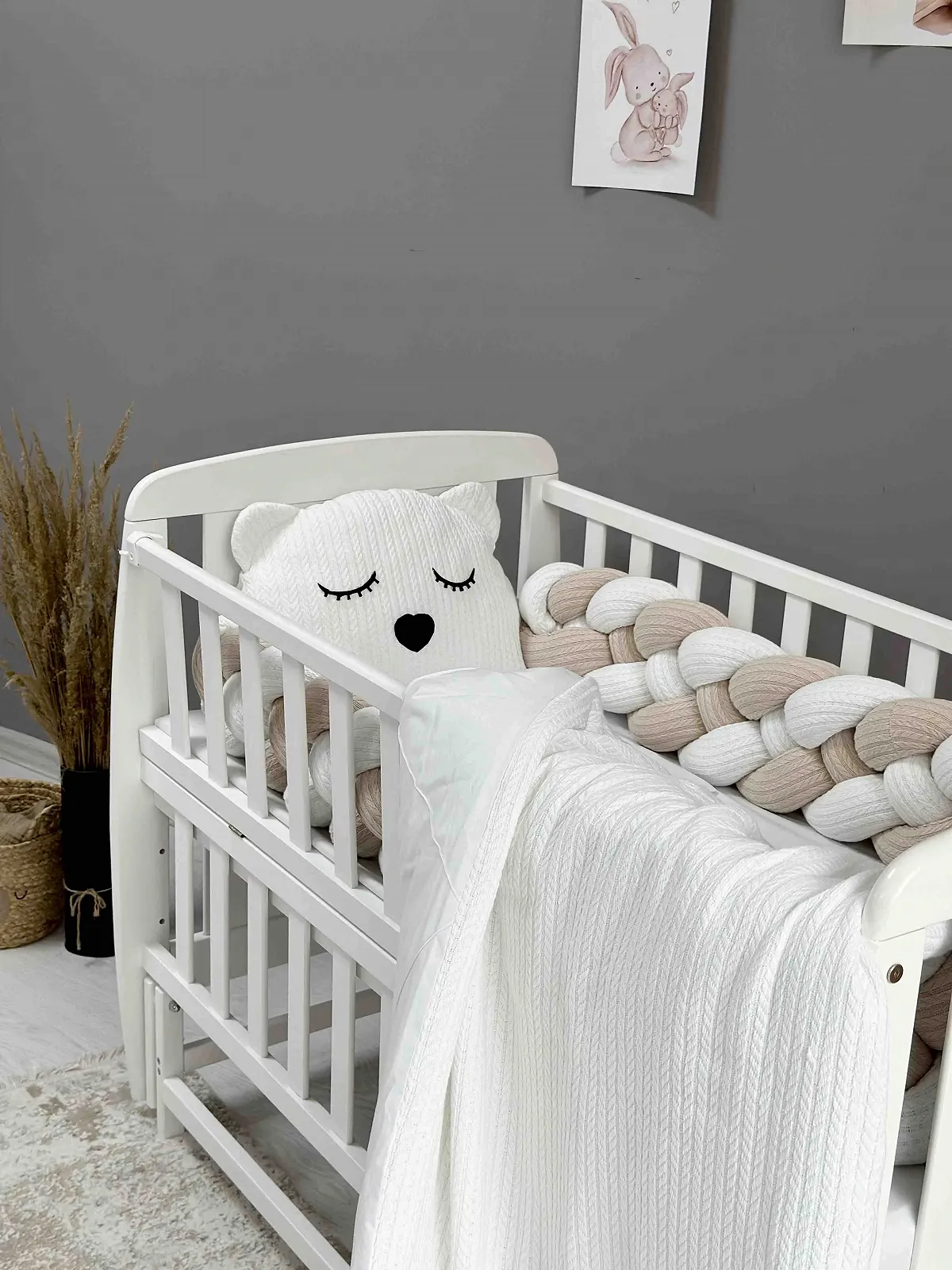 Комплект для новорожденного с бортиком косичкой Ведмедик молочный, фото №1