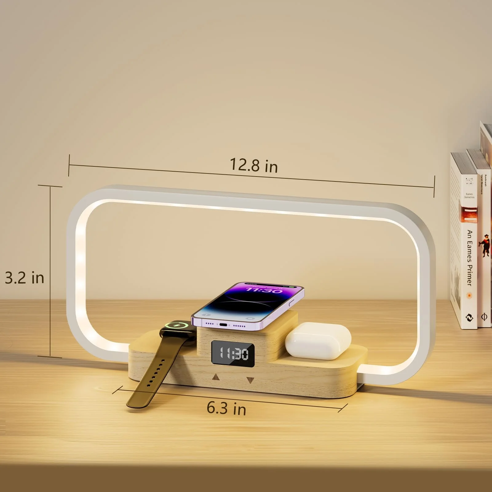 Настольная лампа 3-в-1 Беспроводная зарядка USB Сенсорное управление 5 цветов Дерево, фото №6