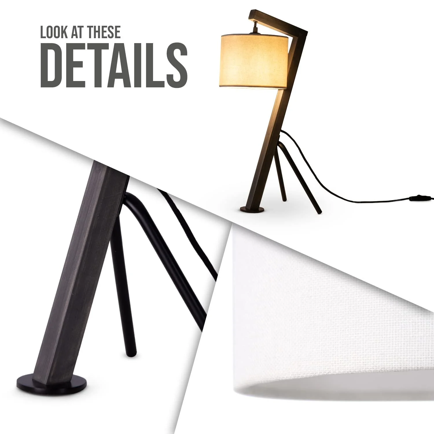 Настільна лампа Paco Home ретро E27 дерев'яна з тканинним абажуром сірий/білий, фото №5