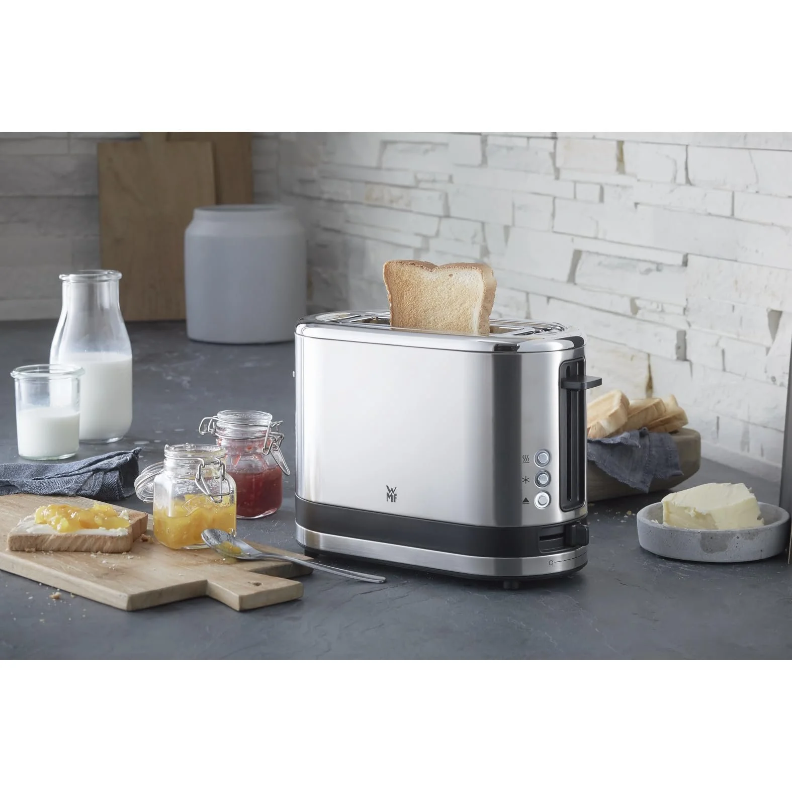 Тостер WMF K":u00dcCHENminis 1-скибочний з довгим слотом XXl-Toast, насадка для булочок, 7 рівнів підсмажування, захист від перегріву, 600 Вт, матова нержавіюча сталь, фото №3