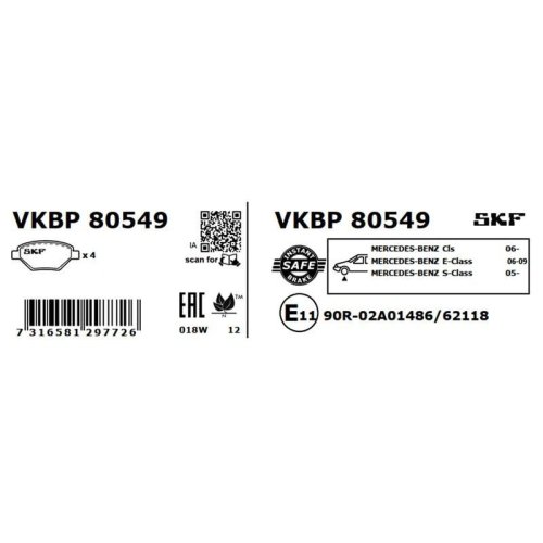 Комплект гальмівних колодок, дискове гальмо SKF VKBP 80549 для MERCEDES-BENZ, передня вісь, фото №2