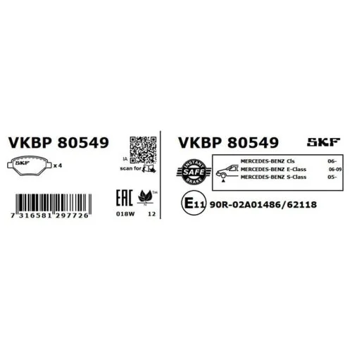 Комплект тормозных колодок, дисковый тормоз SKF VKBP 80549 для MERCEDES-BENZ, передняя ось, фото №2