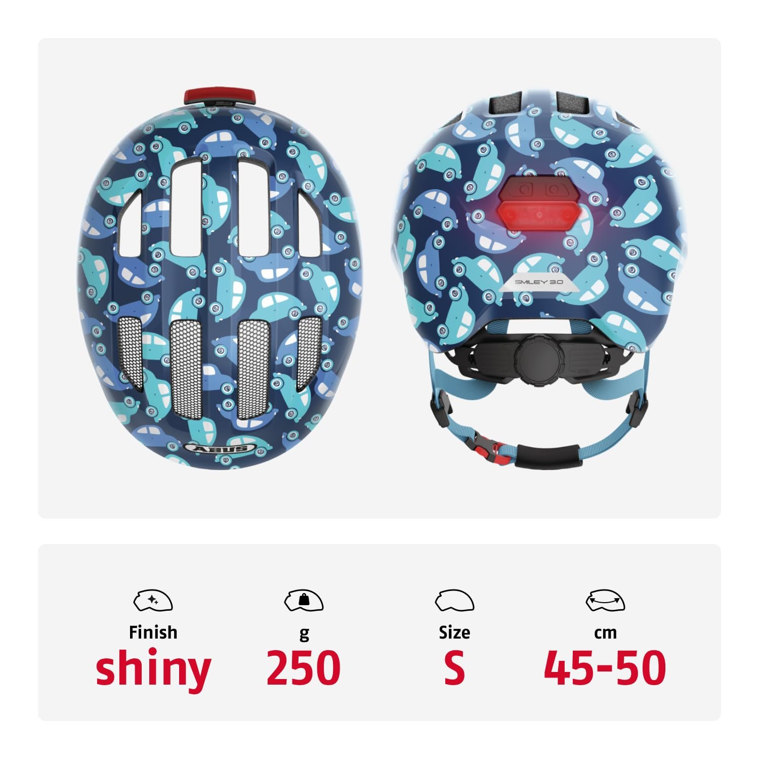 Шлем ABUS Smiley 3.0 LED, детский, велосипедный, синий с рисунком машинки, размер S, фото №6