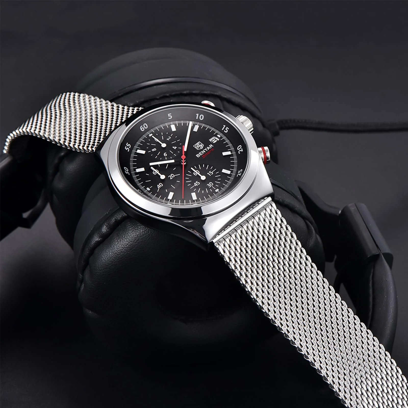 Мужские Часы Benyar Кварцевый Механизм Хронограф Дата Сетчатый Браслет из Нержавеющей Стали, фото №3 Мужские Часы Benyar Кварцевый Механизм Хронограф Дата Сетчатый Браслет из Нержавеющей Стали, фото №3