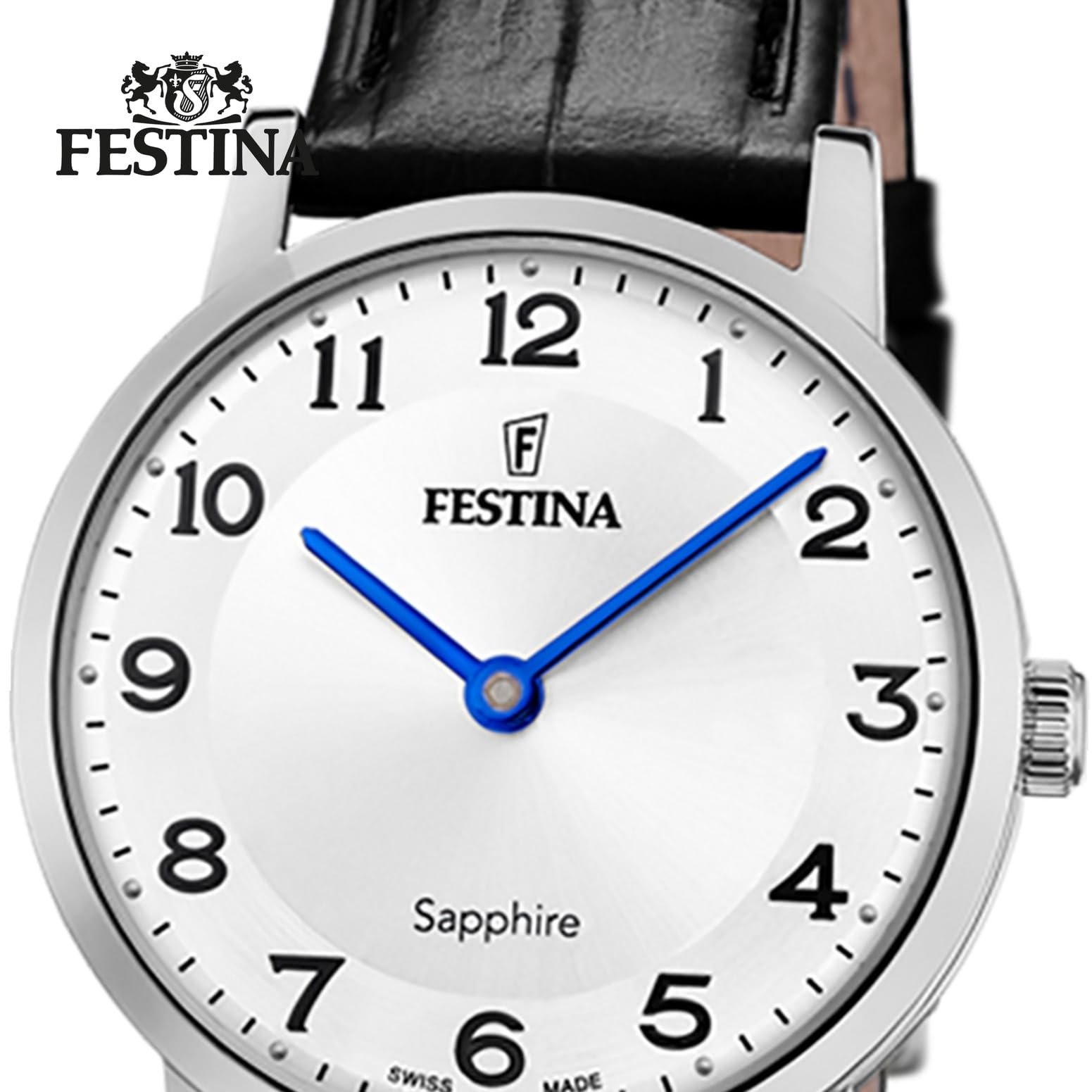 Жіночий годинник Festina Swiss Made F20013/5 Сріблястий корпус з нержавіючої сталі Чорний шкіряний ремінець, Білий, Ремінець., фото №2
