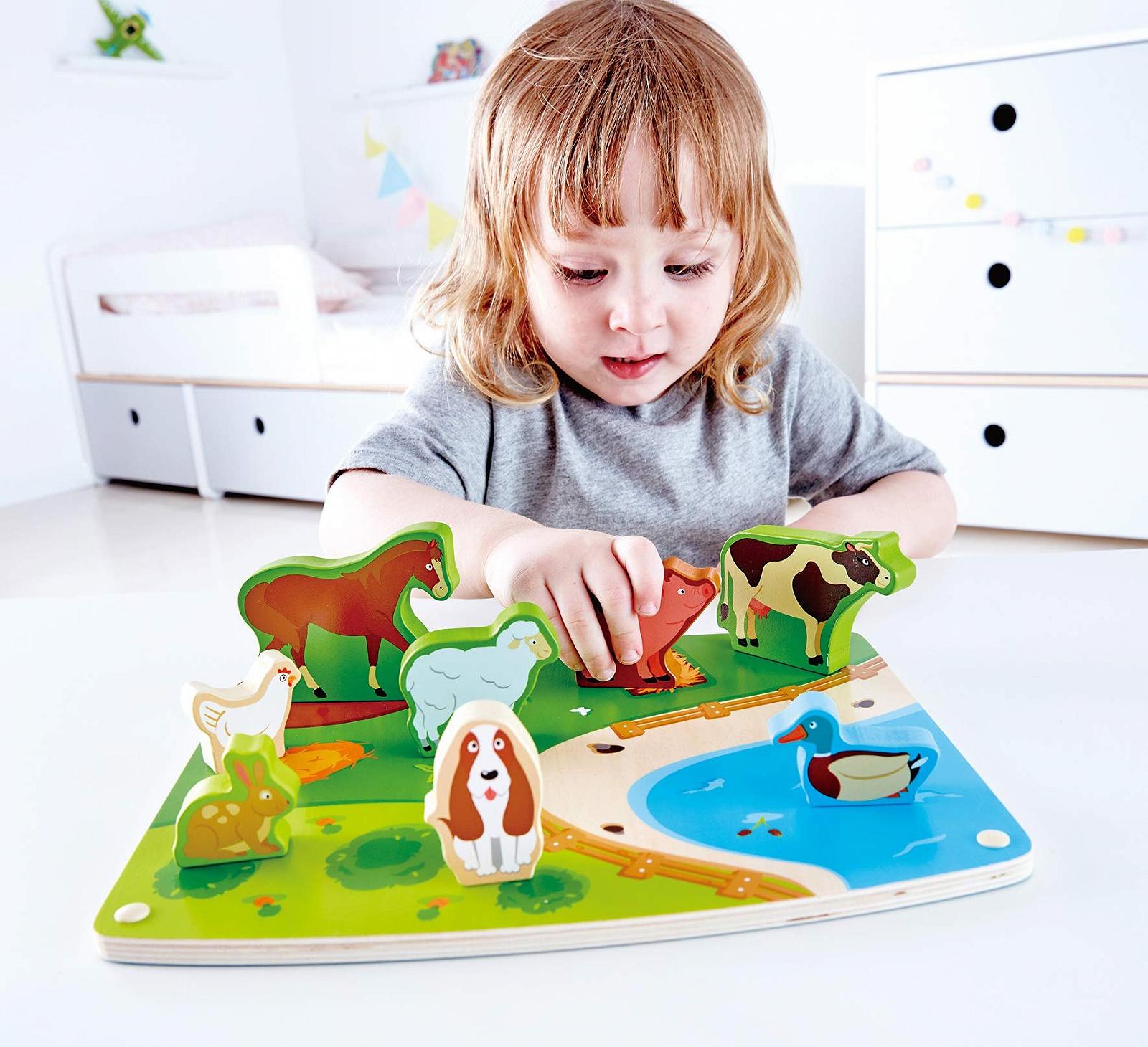Дерев'яний пазл Hape HAP-E1454 Farm Animal Puzzle & Play різнокольоровий 5'' x 2'', фото №3