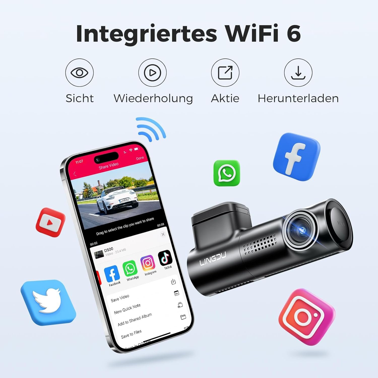 Відеореєстратор Lingdu D500 / 4К / 170° / GPS / Wi-Fi / 128ГБ вбудованої пам'яті / Чорний, фото №3