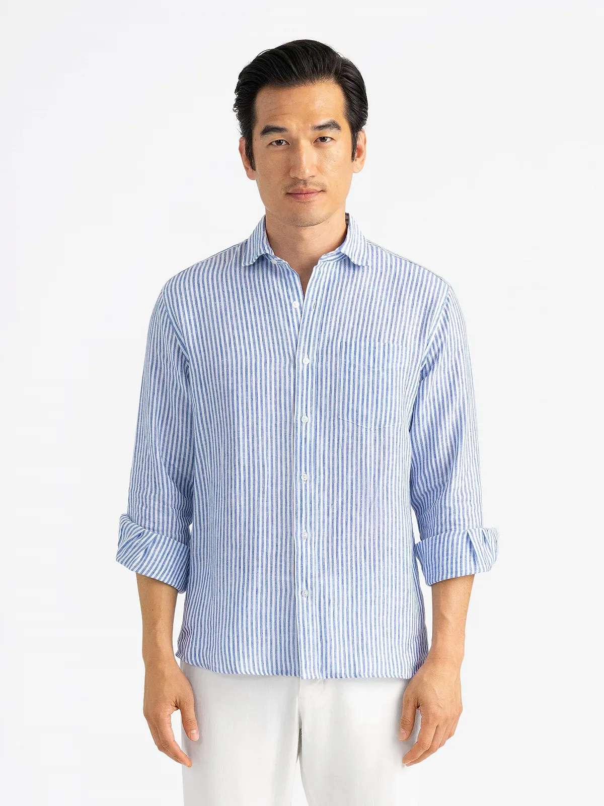 Мужская рубашка Guess - Eco Nautical Striped Linen Shirt Голубая - L, фото №1 Мужская рубашка Guess - Eco Nautical Striped Linen Shirt Голубая - L, фото №1