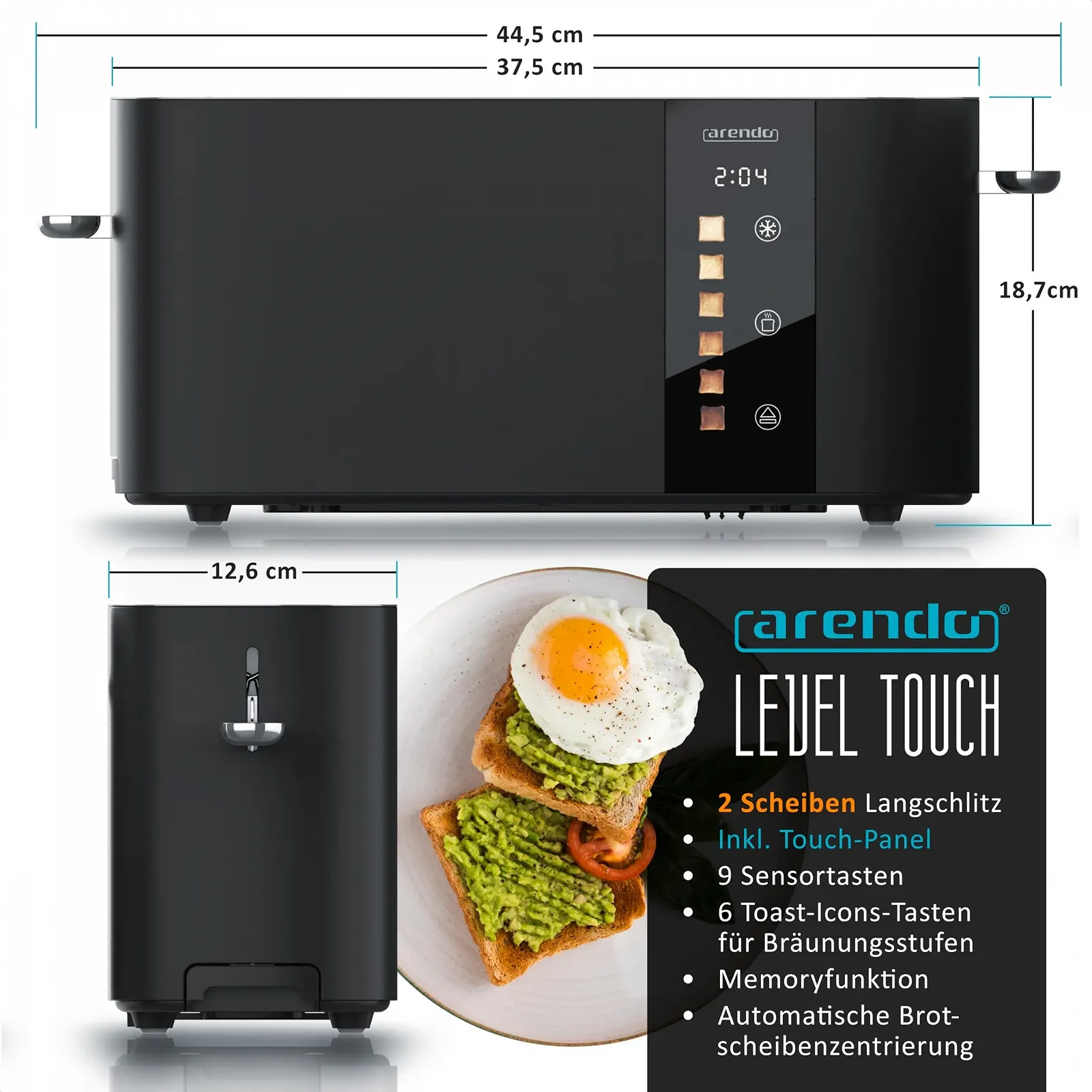 Тостер Arendo Stainless Steel 2 скибки довгий слот сенсорний екран подвійна стінка корпус інтегрована насадка для булочок 6 рівнів підсмажування центрування хліба дисплей залишкового часу функція пам'яті, фото №2