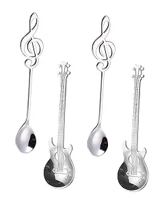 Набор из 4 кофейных ложек в форме гитары, кофейные ложки в форме гитары и музыкальных нот, подарки для музыкантов, нержавеющая сталь, смешная музыкальная декоративная чайная ложка, для чая, молока, кофе, десерта - Фото 1