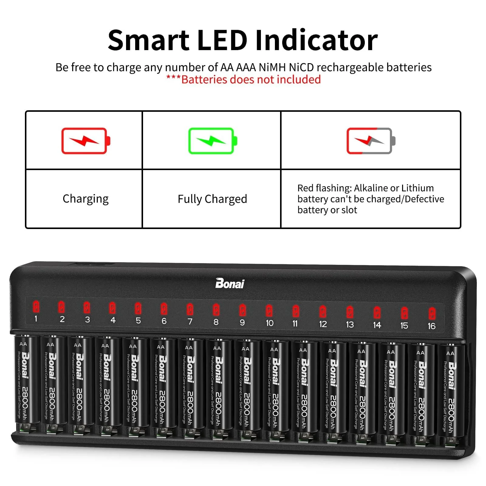 Зарядний пристрій AA AAA BONAI 16 слотів LED, чорний, фото №7
