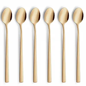Ложка для коктейлей Beckmann & Rommerskirchen VISTA Long Drink/Latte Macchiato, набор 6 шт | PVD Золото | Матовая нержавеющая сталь | Длинная ложка для латте макиато | Длинная кофейная ложка | Барная ложка - Фото 1