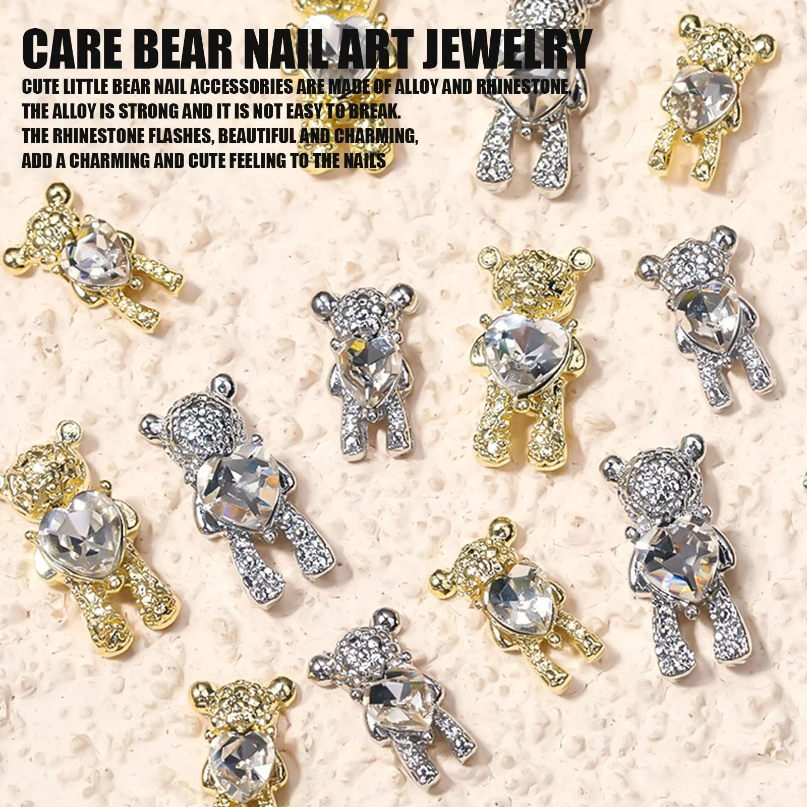 Стразы для ногтей Металл Медведь 3D Золотистый Серебристый, фото №3