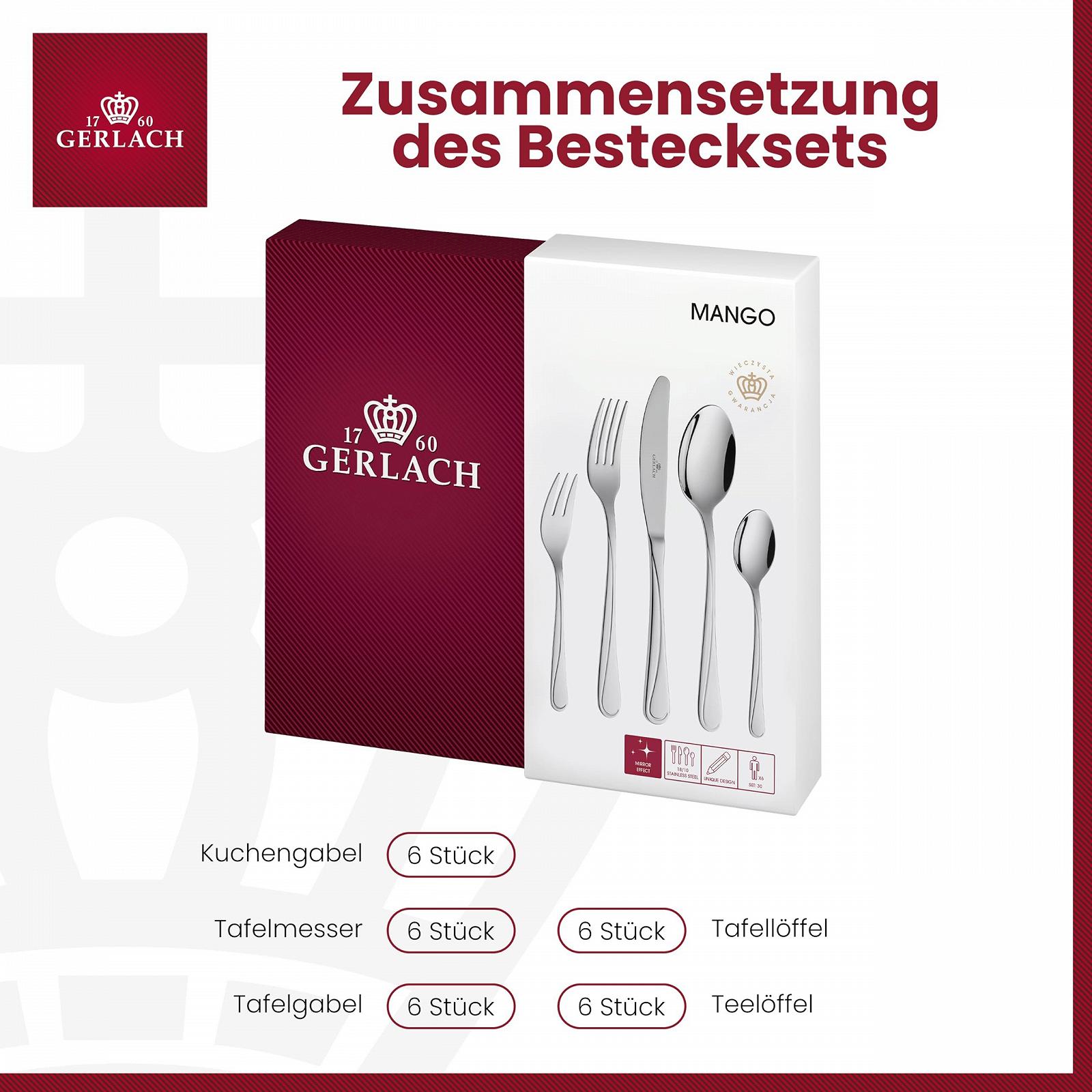Набір столових приборів Gerlach 1760, нержавіюча сталь, 6 персон, 30 предметів, ніж, виделка, ложка, блискучий, фото №4 Набір столових приборів Gerlach 1760, нержавіюча сталь, 6 персон, 30 предметів, ніж, виделка, ложка, блискучий, фото №4