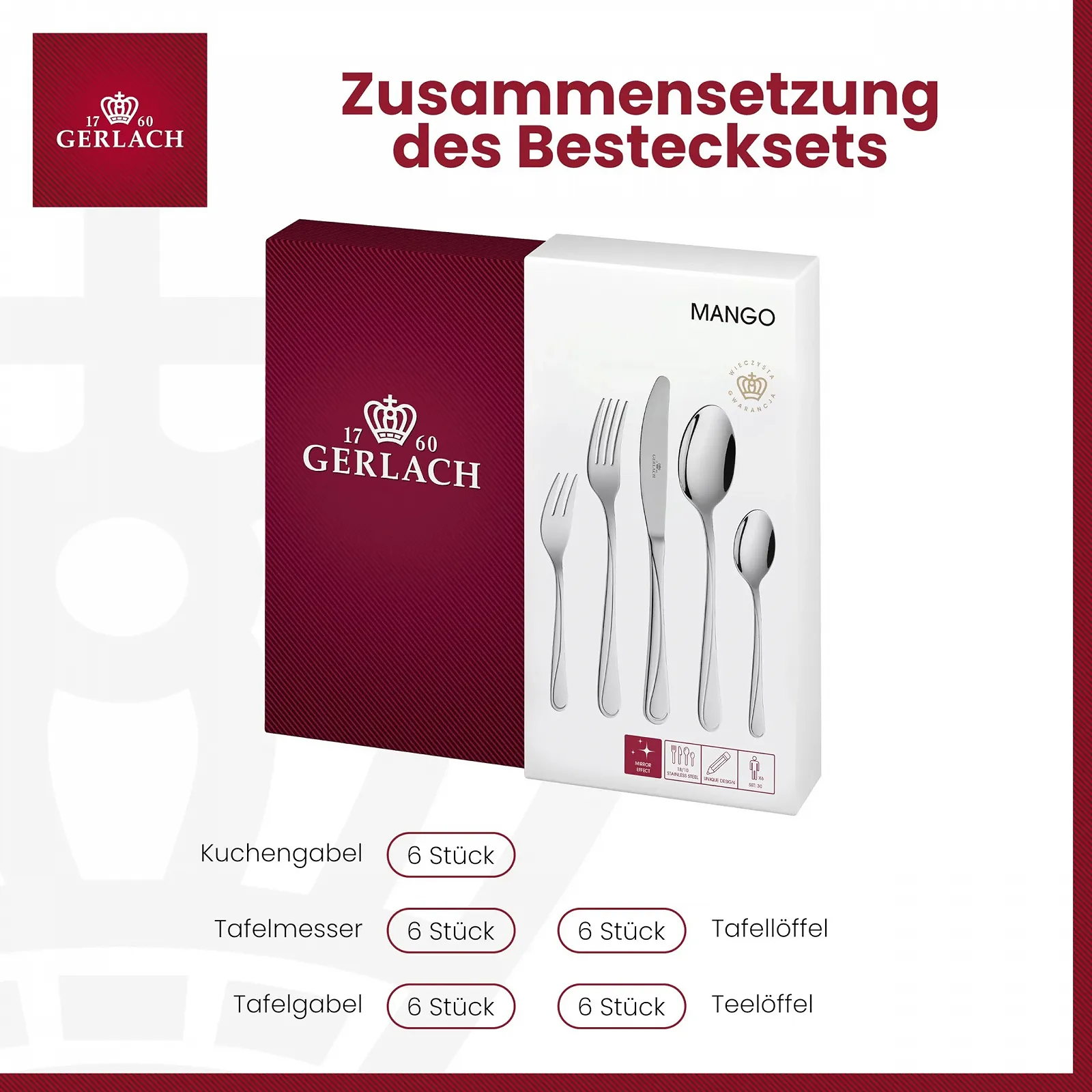 Набір столових приборів Gerlach 1760, нержавіюча сталь, 6 персон, 30 предметів, ніж, виделка, ложка, блискучий, фото №4 Набір столових приборів Gerlach 1760, нержавіюча сталь, 6 персон, 30 предметів, ніж, виделка, ложка, блискучий, фото №4