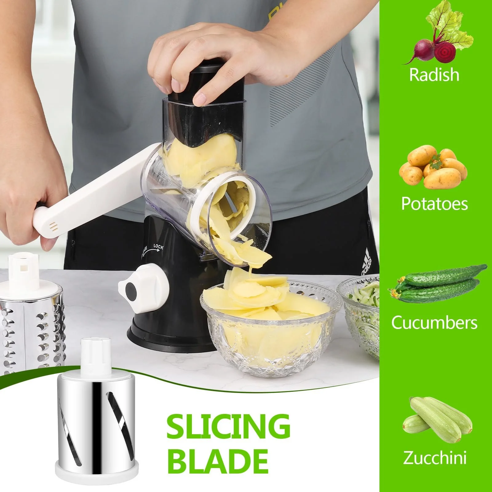 Ручна терка Diealles Shine, з ручкою, для овочів, з 3 змінними барабанними лезами з нержавіючої сталі, фото №5