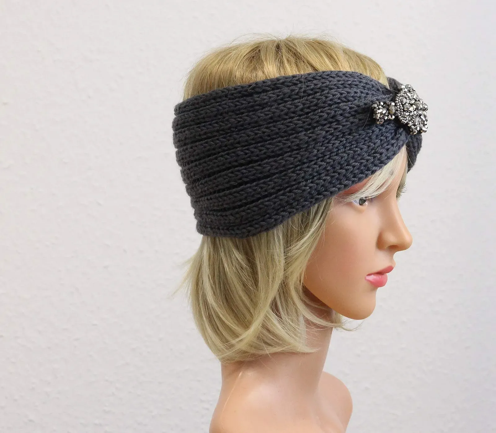 Вязана пов'язка на голову з Rhinestone грілка для вух, фото №3