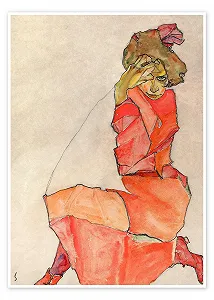 Постер Egon Schiele Коленопреклоненная девушка в оранжево-красном платье 50 x 70 см бежевый - Фото 1