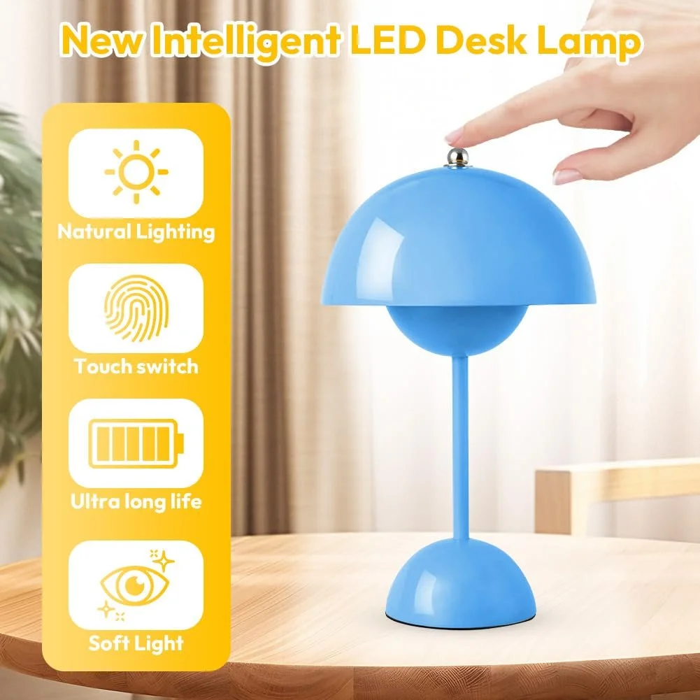 Настільна лампа акумуляторна бездротова у формі гриба сенсорна димована 3000 K - 6000 K IP54 Синя, фото №5