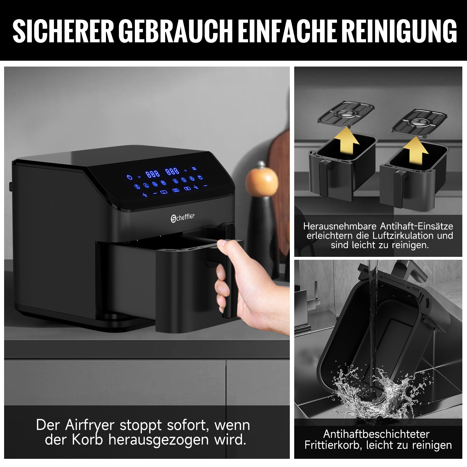Фритюрница горячего воздуха Scheffler 2 камеры 9 л (2 x 4,5 л) 2000 Вт с двумя отделениями Double Cook & Sync Finish 8 программ сенсорный экран фритюрница XXL без масла, фото №6