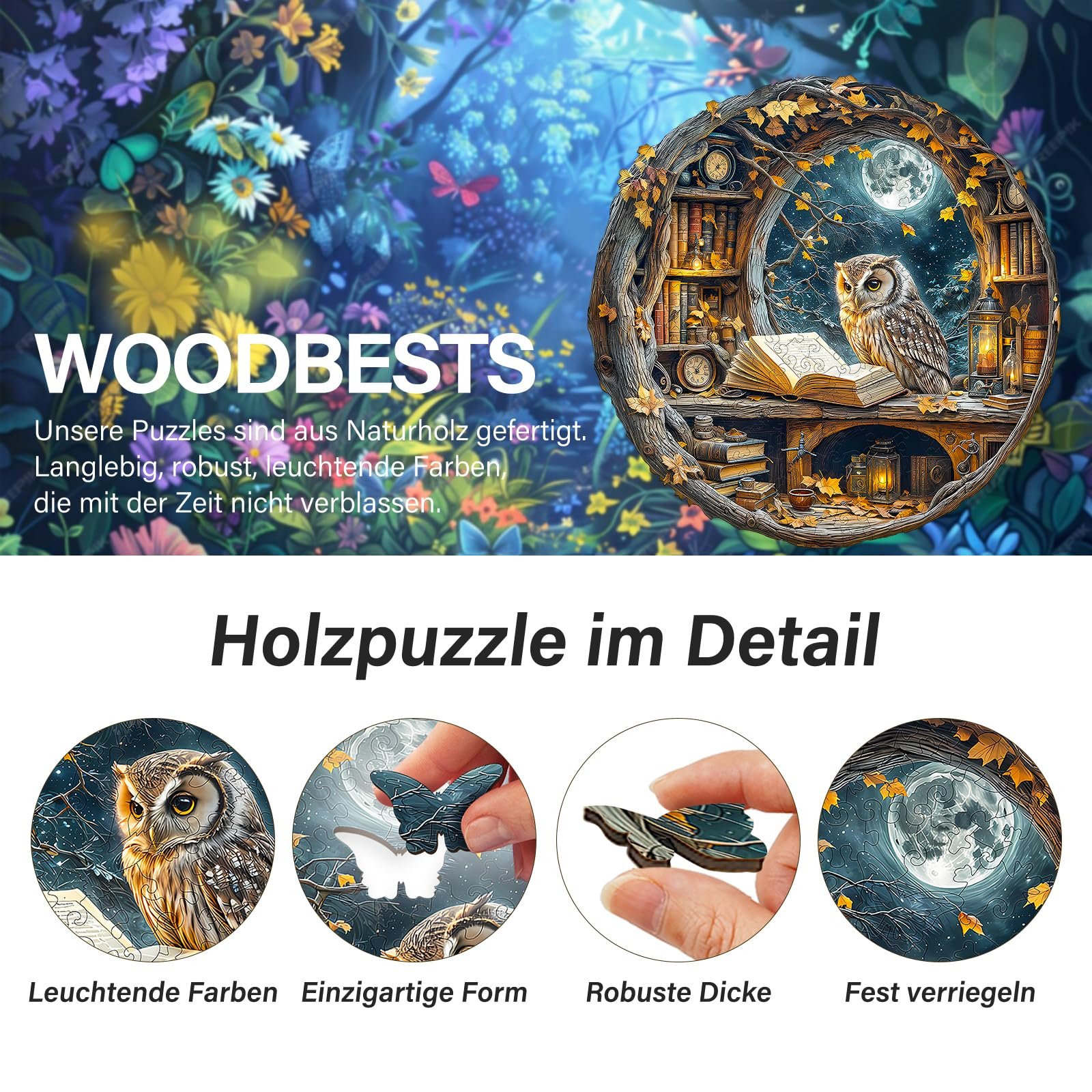 Пазл WOODBESTS Moonlight Owl 270 элементов деревянный уникальной формы 34 x 34 см, фото №3