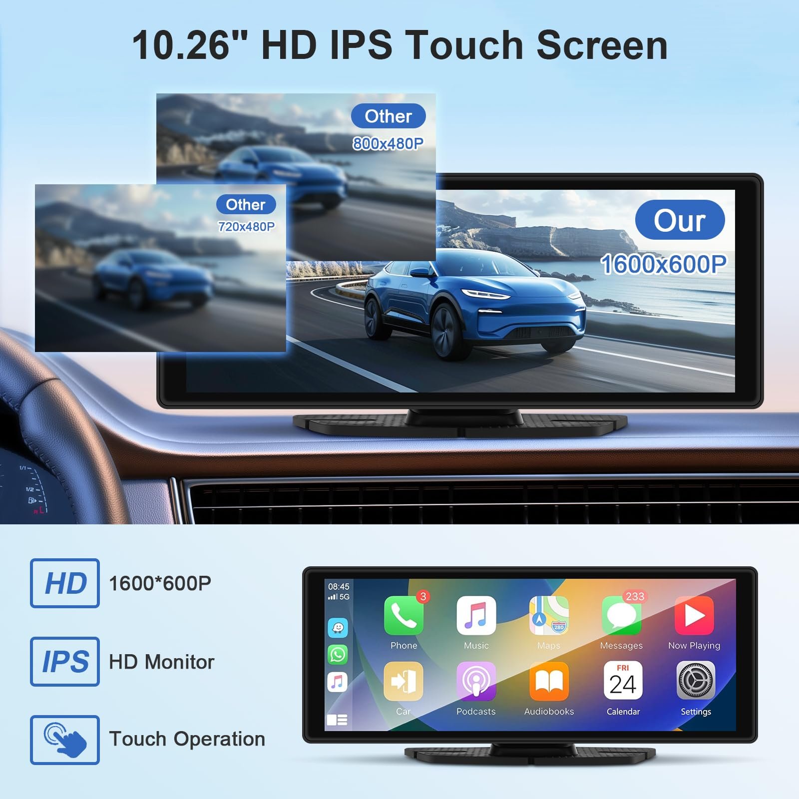 Дисплей Carplay 10,26 дюйма с беспроводным Android Car Play, 4K Dash Cam, камера заднего вида 1080P, сенсорный IPS-экран, Bluetooth, Mirror Link, разделенный экран, FM-радио/AUX, 64G TF, фото №6