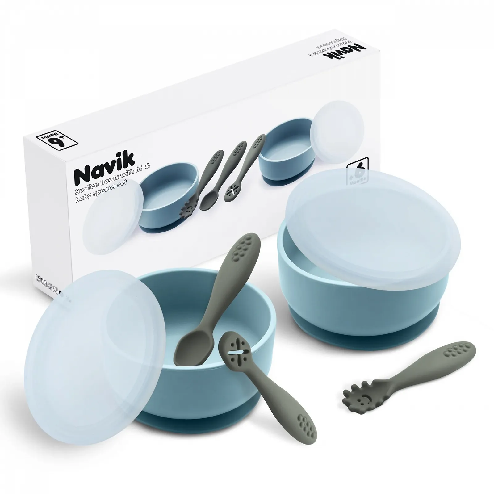 Набір дитячого посуду Navik Baby, силіконова дитяча миска з кришкою та присоскою, дитяча ложка, від 6 місяців, синьо-зелений, фото №1 Набір дитячого посуду Navik Baby, силіконова дитяча миска з кришкою та присоскою, дитяча ложка, від 6 місяців, синьо-зелений, фото №1
