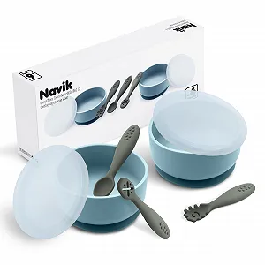 Набір дитячого посуду Navik Baby, силіконова дитяча миска з кришкою та присоскою, дитяча ложка, від 6 місяців, синьо-зелений - Фото 1