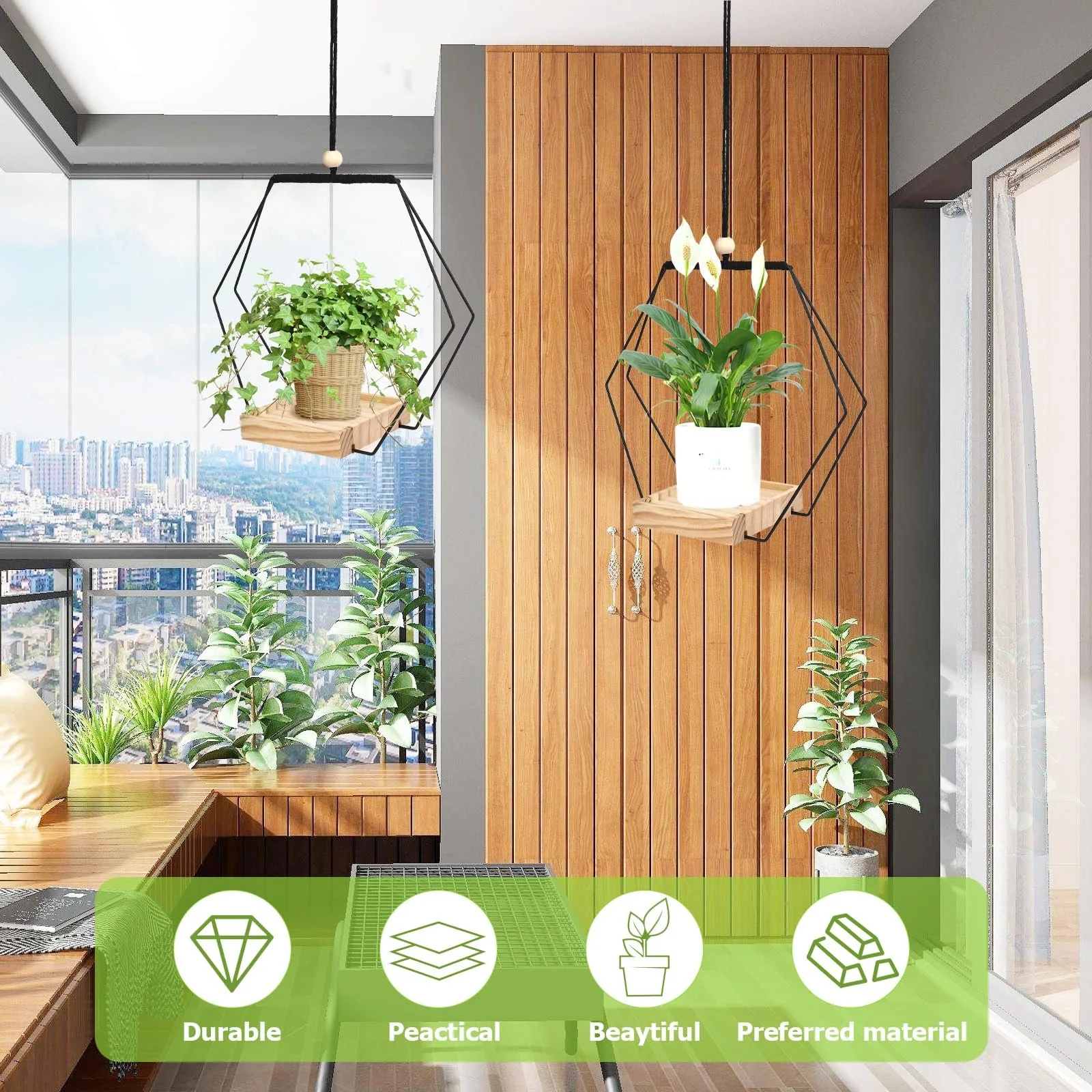 Набір підвісних кошиків Rzspher 2 шт. З дерев'яною основою 26 см Чорний, фото №4 Набір підвісних кошиків Rzspher 2 шт. З дерев'яною основою 26 см Чорний, фото №4