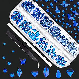 Стразы для ногтей Синие NICENEEDED 660 штук с футляром, 3D Плоские Бриллианты для дизайна ногтей, Хрустальные Камни в Форме Сердца, Ромба, Круга с пинцетом и ручкой для точечного дизайна ногтей - Фото 1