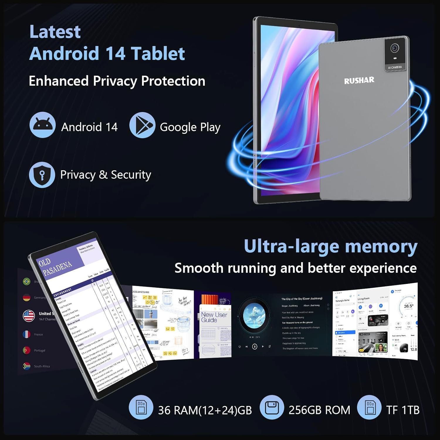 Планшет 10.4" Full HD RUSHAR L30 12+24/256Gb 4G 2-SIM 8 ядер Android 14 8000 mAh Серый, фото №2