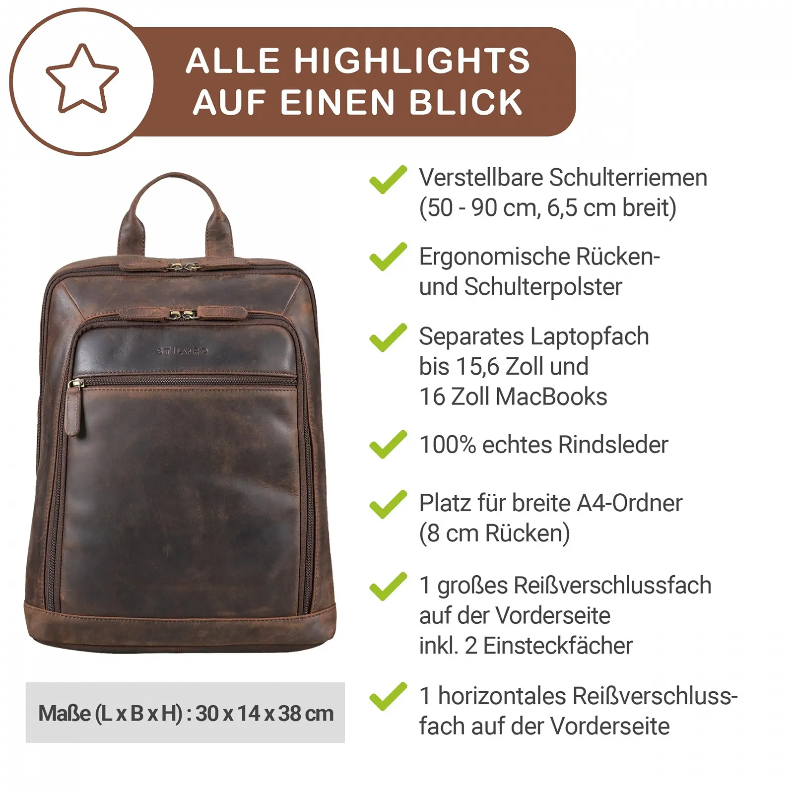 Рюкзак для ноутбука STILORD Watson 15.6 Inch XL Genuine Leather Vintage Zamora - Brown, фото №7