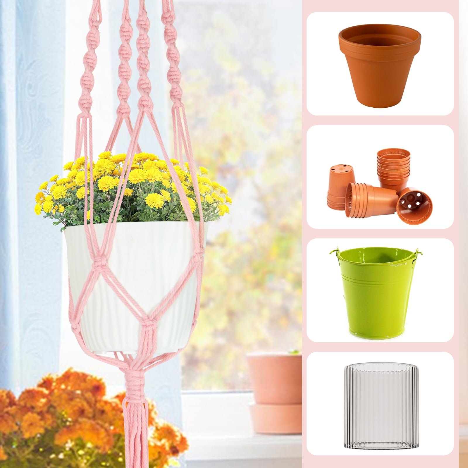 Підвіси для рослин макраме XXXFLOWER набір 3 шт. бавовняний шнур Бохо рожеві, фото №6 Підвіси для рослин макраме XXXFLOWER набір 3 шт. бавовняний шнур Бохо рожеві, фото №6