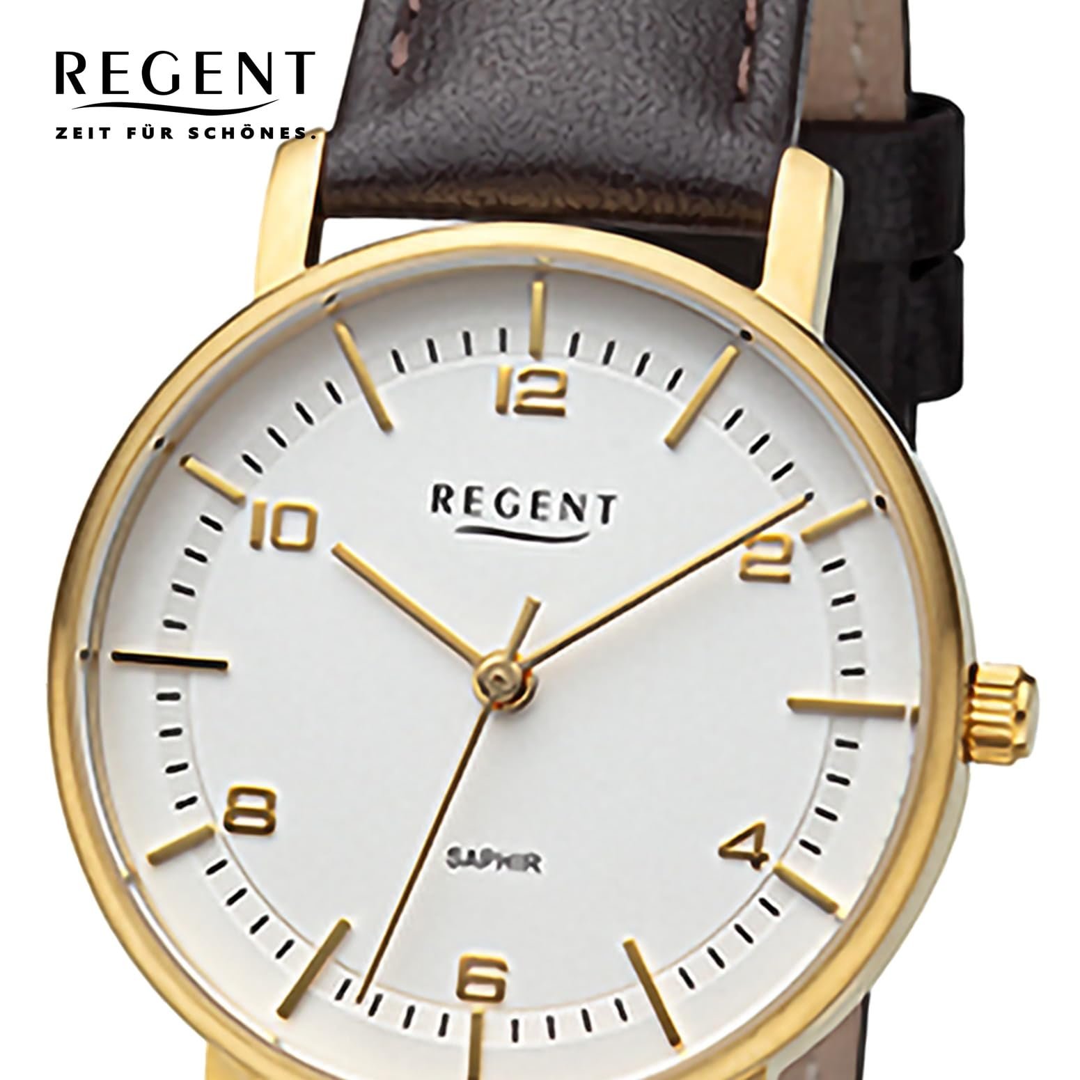 Аналоговые часы REGENT Женские URF1480 Кожаный ремешок Темно-коричневый, Золотой, Белый, фото №2