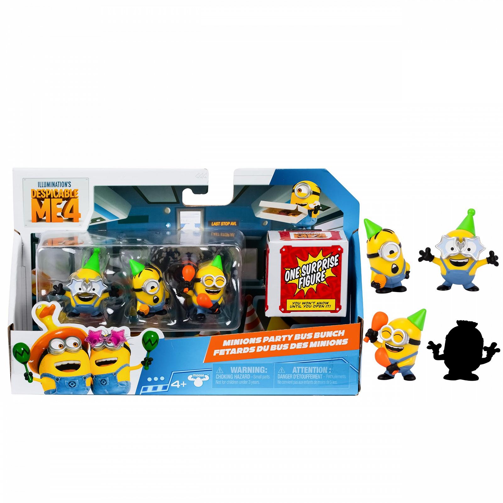 Фигурки MINIONS Despicable Me 4, набор из 4 штук, Party Bus Squad, 5,8 см, коллекционные, в наборе 3 видимые фигурки и 1 скрытая фигурка-сюрприз, фото №1