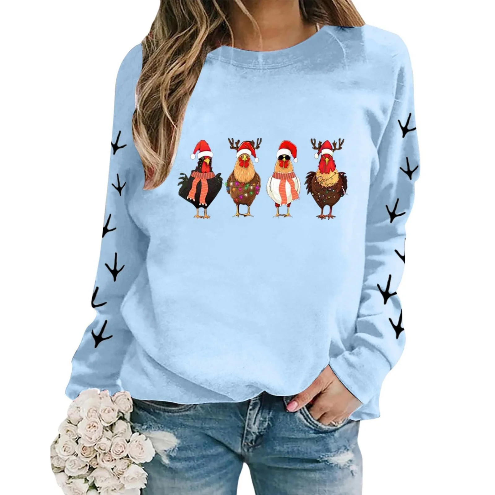 Женский Свитшот с круглым вырезом, длинными рукавами и принтом курицы, фото №2
