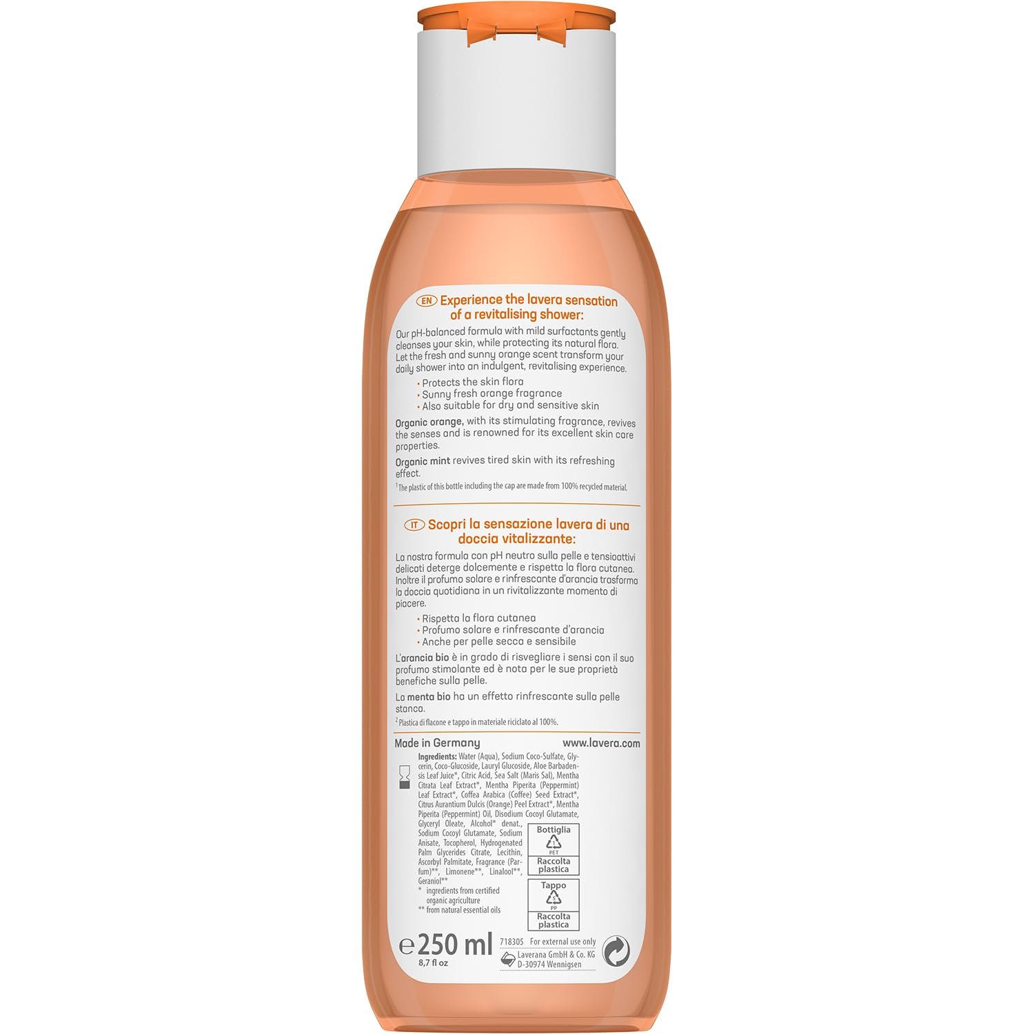 Гель для душа lavera Revitalising Натуральный Веганский с органическим апельсином и мятой Без силиконов 250 мл, фото №2