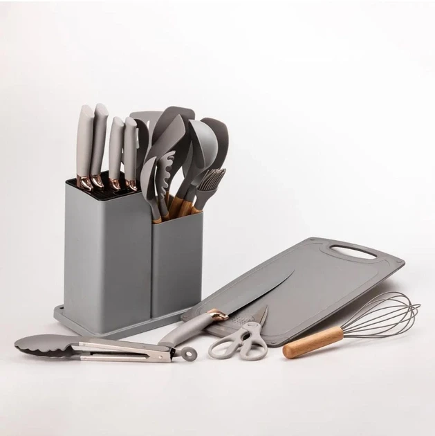 Набор кухонных принадлежностей на подставке TS Kitchen 19 штук из силикона с бамбуковой ручкой Серый, фото №4
