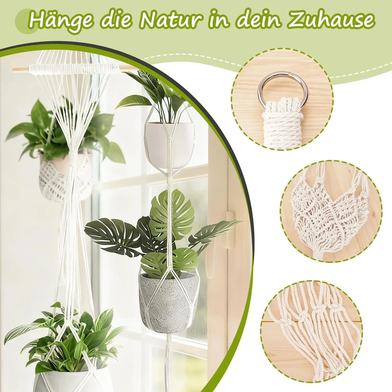 Набір підвісних кошиків макраме Petutu 4 шт. бавовняні ручна робота Білий, фото №6 Набір підвісних кошиків макраме Petutu 4 шт. бавовняні ручна робота Білий, фото №6