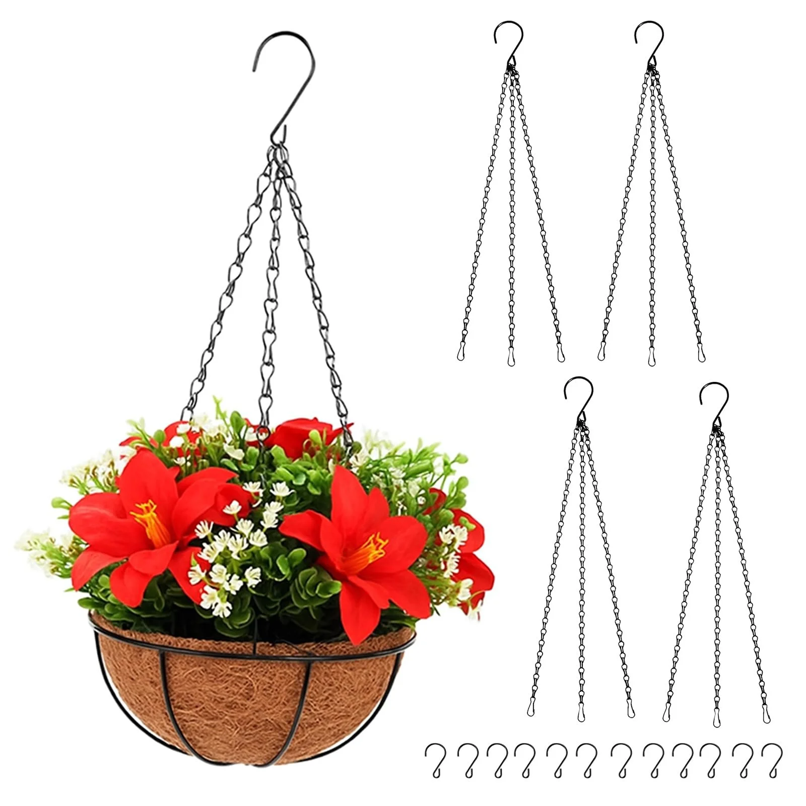 Цепи для подвесных корзин Металлические 3-точечные 58 см 4 шт. Черные, фото №1