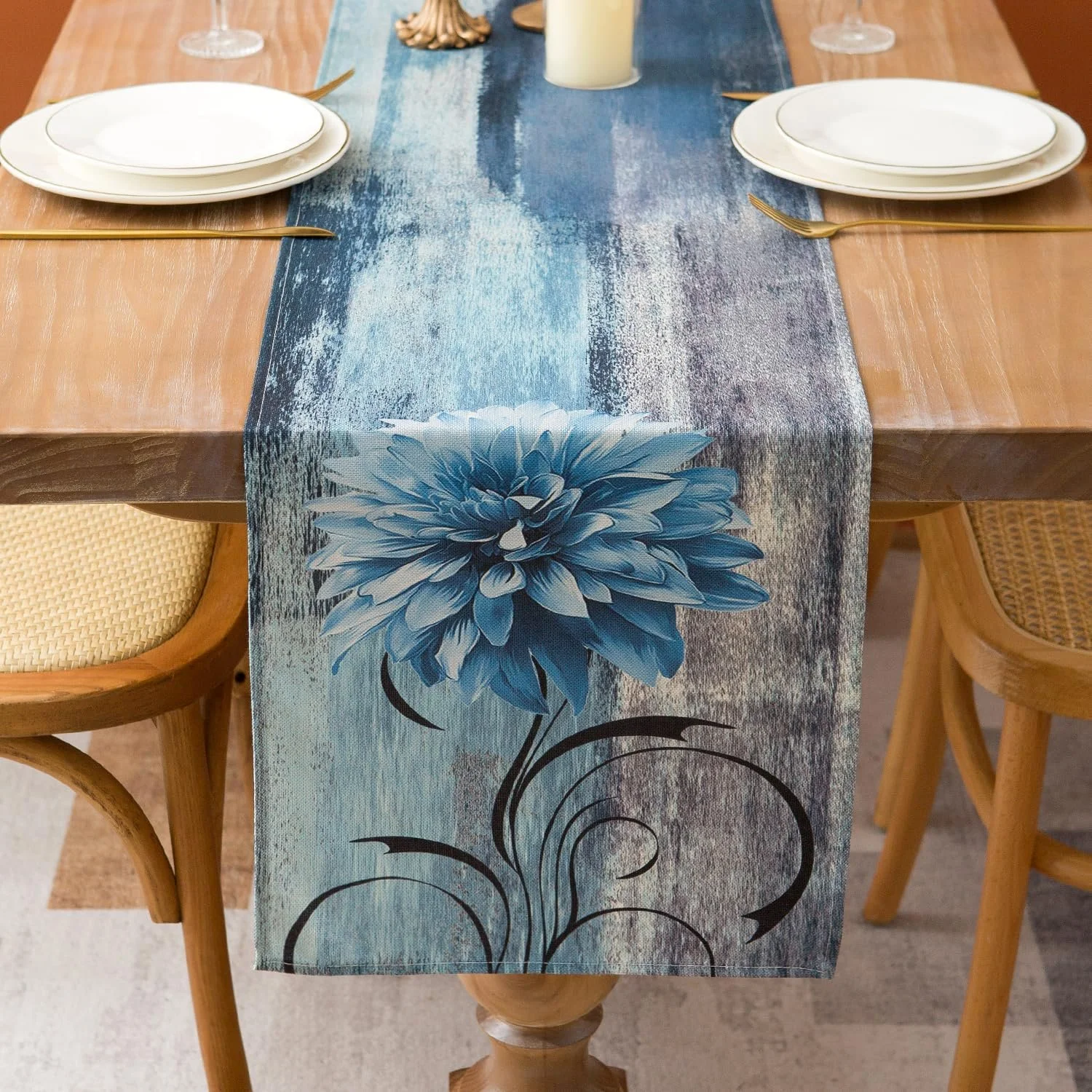Ранер для столу Blue Grey Spring Flower Modern Linen Abstract Art Painting 33 x 183 см, фото №2