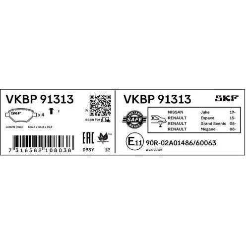 Комплект тормозных колодок, дисковый тормоз SKF VKBP 91313 задняя ось, фото №2