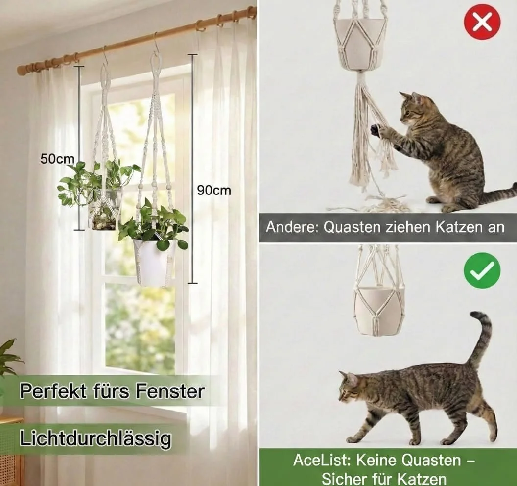 Подвесные корзины макраме AceList набор из 3 штук джутовый хлопок без кисточек Boho Cream, фото №3