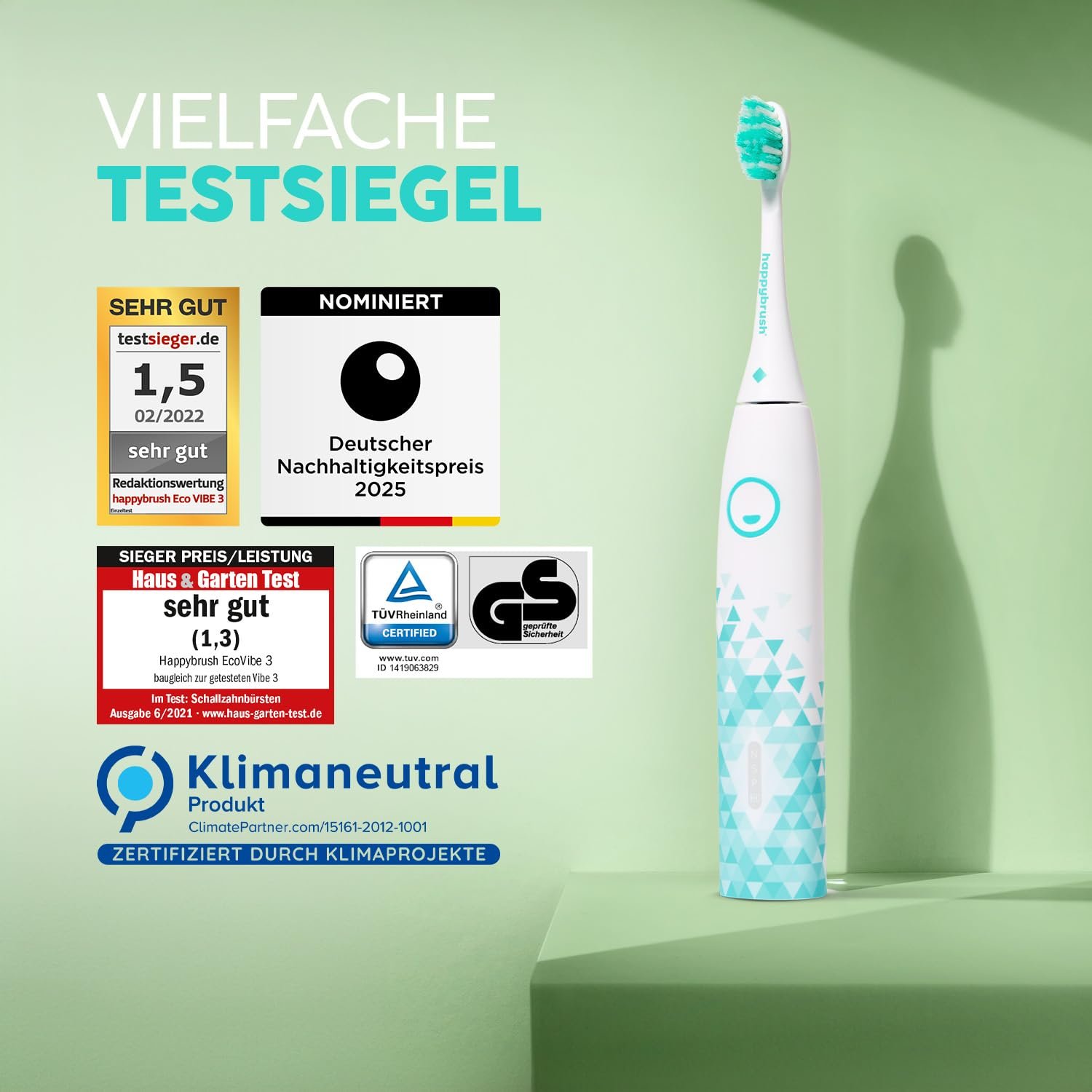 Електрична звукова зубна щітка happybrush Eco VIBE 3 40000 вібрацій/хв Білий/М'ятний, фото №3